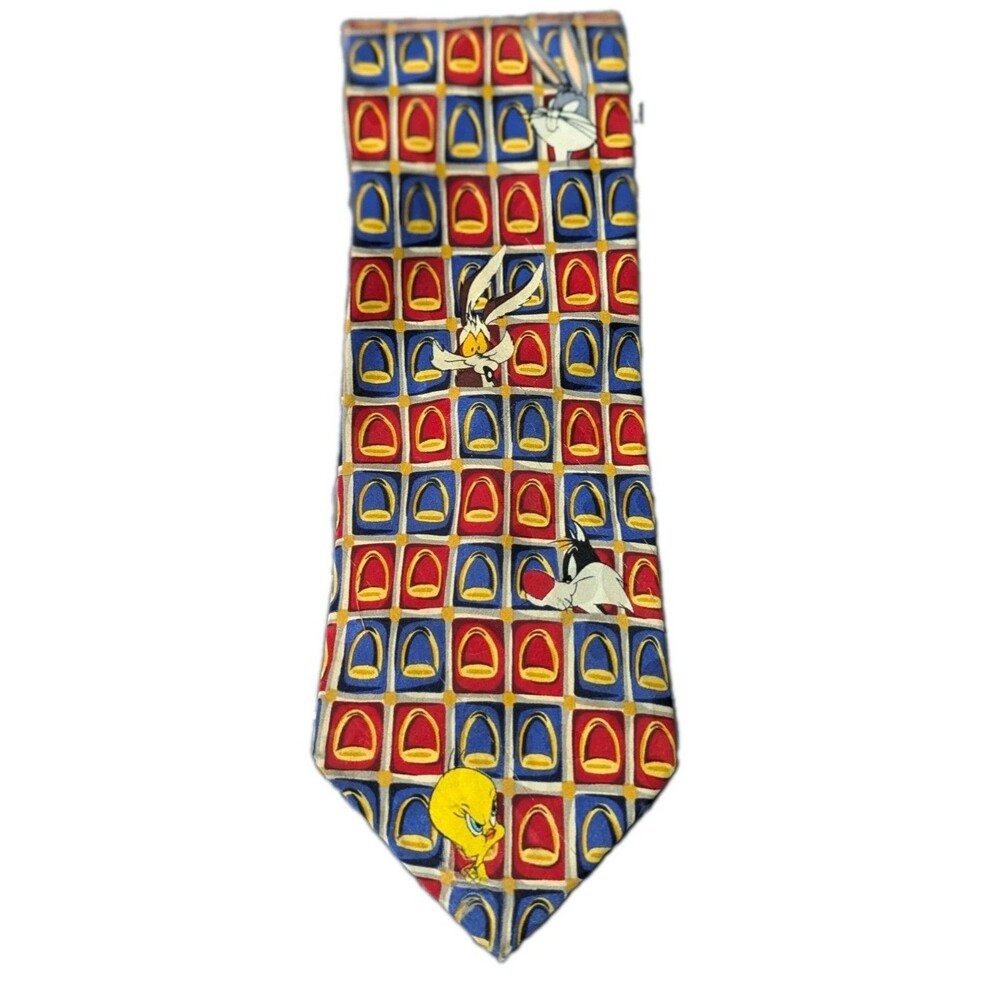 VTG 90s Looney Toons Necktie Blue Red Geometric Bugs Tweety Taz Daffy Nostalgia